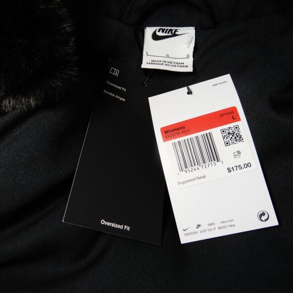 NIKE Faux Fur Plush Swoosh Teddy JACKET Size L Oversized Black Fossil Logo NEW - Picture 8 of 12